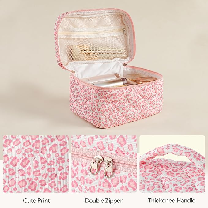 HBselect Quilted Makeup Bag, 3Pcs Cotton Large Travel Makeup Bags Organizer | Cute Floral Make up Bag Cosmetic Bag Toiletry Bag for Women Girls, Makeup Pouch for Skincare, Brushes & Travel Essentials - Image 2