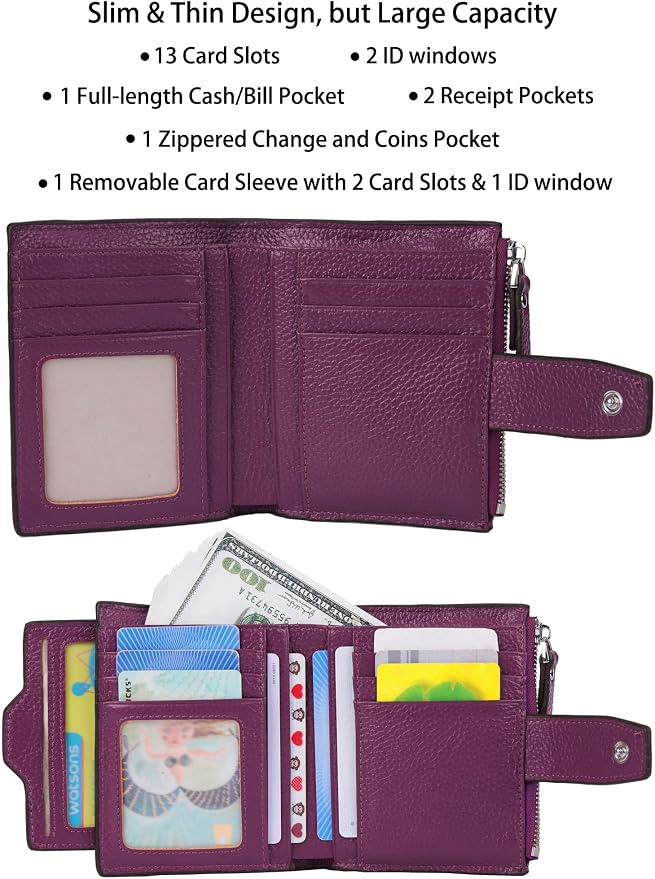 Women's RFID Blocking Leather Small Compact Bi-fold Zipper Pocket Wallet Card Case Purse with id Window - Image 2