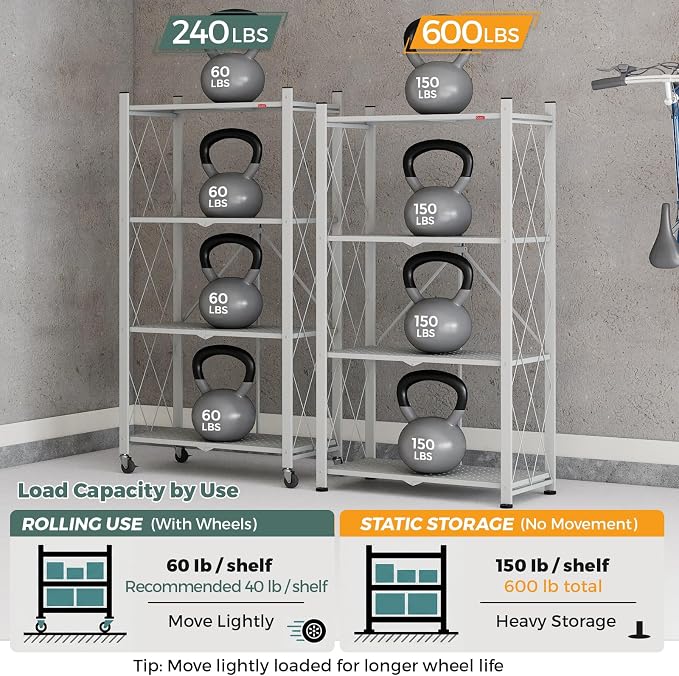 DEANIC 4 Tier Foldable Storage Shelves with Wheels, Large Capacity Shelving Unit, Freestanding Metal Wire Shelf Rack, No Assembly Organizer Rack for Garage Kitchen, Basement, Pantry(Grey Pack of 2) - Image 9