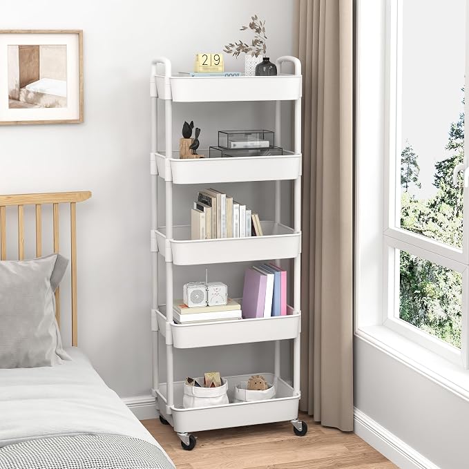 Sywhitta 5-Tier Plastic Rolling Utility Cart with Wheels for Storage,White | Multi-Functional Storage Trolley, for Office, Living Room, Kitchen, Bathroom,Movable Organizer,Space-Saving,Easy to assemble - Image 5