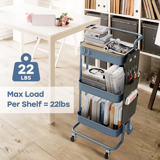DTK 3-Tier Rolling Cart with Table Top, Metal Utility Cart with Side Bags | Tray Storage Organizer, Lockable Wheels, 4 Hooks, Art Cart for Kitchen, Bathroom, Office, Craft room, Living room, Blue - Image 3