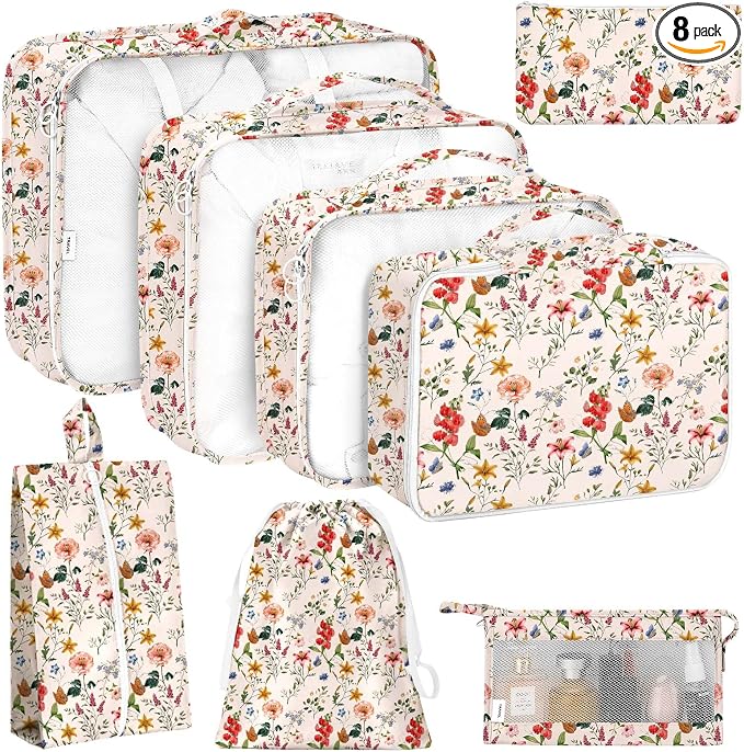 KPX 8 Set Packing Cubes for Travel, Luggage Packing Organizers Accessories Large Toiletries Bag for Clothes Shoes Cosmetics (Retro Flower) by KPX