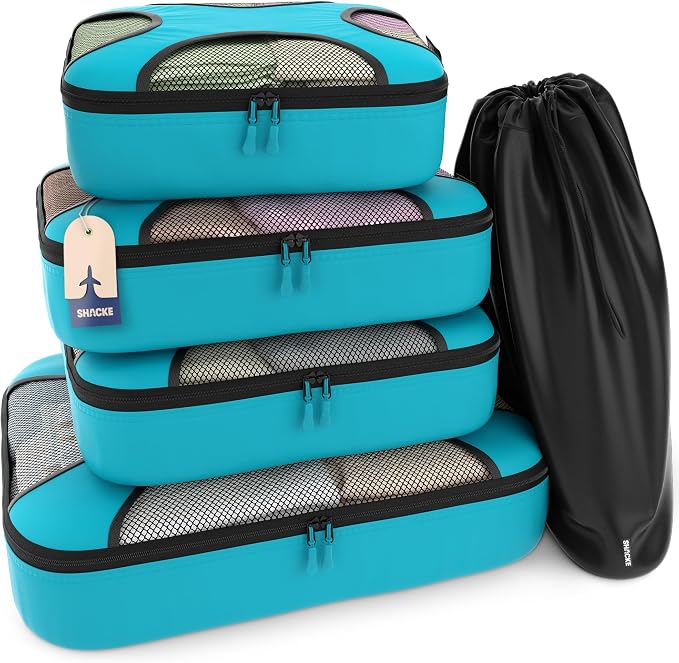 Shacke 5 Set Packing Cubes for Travel with Laundry Bag (Aqua Teal) | Suitcase Organizer Bags Set: 4 Water-Resistant Luggage Cubes, XL to Small, + Laundry Bag for Carry-On or Checked by Shacke