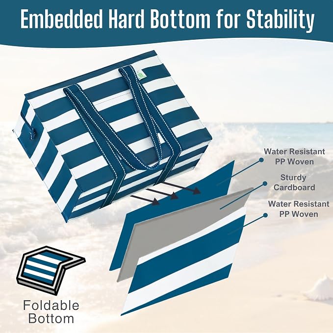 VENO 4 Pack Utility Tote Reusable Grocery Bags with Zipper & Hard Bottom | Heavy Duty Foldable Water-Resistant Shopping Bags for Summer Beach, Picnic & Travel Carry-on (Classic Navy Stripe, 4 Pack) - Image 3
