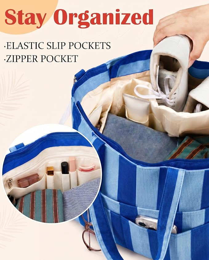 Kacctyen Striped Beach Tote Bag for Women Large Beach Foldable Tote Bag with Zipper Pockets for Travel Pool - Image 6