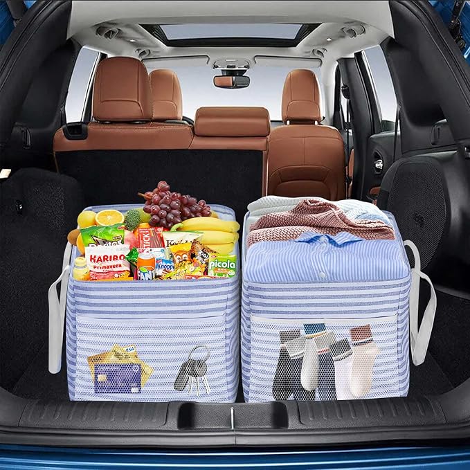 LHZK Standing Extra Large Utility Tote Bag with Metal Wire Frame and the Sides Rinforced, Extra Large Tote Bag with Handle, Reusable Grocery Bags Foldable, Beach Bag, Car Tote (Blue, 26''x15''x13'') - Image 3
