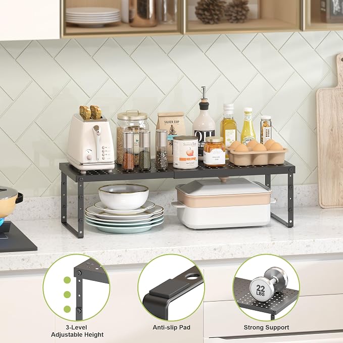 RUILALIFE Expandable Cabinet Organizer Shelf With Adjustable Height, Stackable Kitchen Countertop Organizer Rack, Adjustable Shelf Riser For Kitchen Counter, Pantry, Cupboard, Desk, Tabletop - Image 4