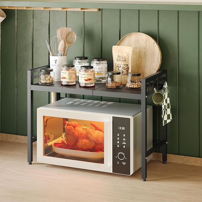 2 Tier Expandable Microwave Stand countertop,Microwave Oven Rack | microwave shelf, storage shelves for pans &appliances,Adjustable partition height，8 Hooks，55lbs max load,Black - Image 2