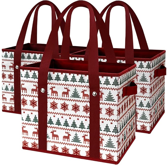 Reusable Grocery Bags 3 Pack - Heavy Duty Reusable Shopping Bags with Hard Bottom & Long Handles, Stand Up Grocery Boxes Reusable Foldable, 13x10.23x11in, Reindeers by DSDCDJ