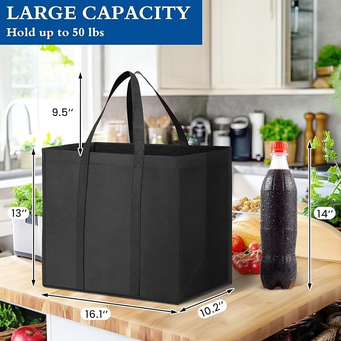 Reusable Grocery Shopping Bags 10 Pack Large Foldable Tote Bags Bulk | Eco Produce Bags with Long Handle for Shopping Groceries Clothes (Black) - Image 4