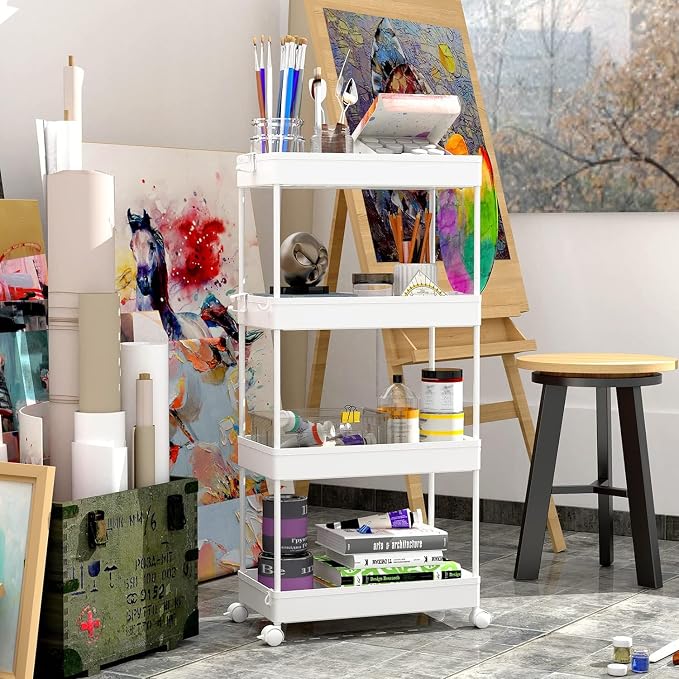 SPACEKEEPER 4 Tier Rolling Cart, Bathroom Cart Organizer with Wheels, White | Mobile Storage Cart for Laundry Room Organization,Kitchen,Office,Bathroom, Utility Cart for Snack,Craft,Art,Makeup,Nail,Toys - Image 5