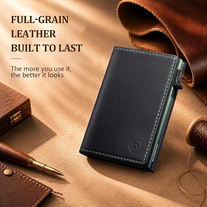 Wallet for Men Full Grain Leather Wallet with 2 ID Windows RFID Blocking Trifold Pop Up Credit Card Holder Wallet 9-11 Cards Slim Minimalist Genuine Leather Wallet for Men-Black Green - Image 2