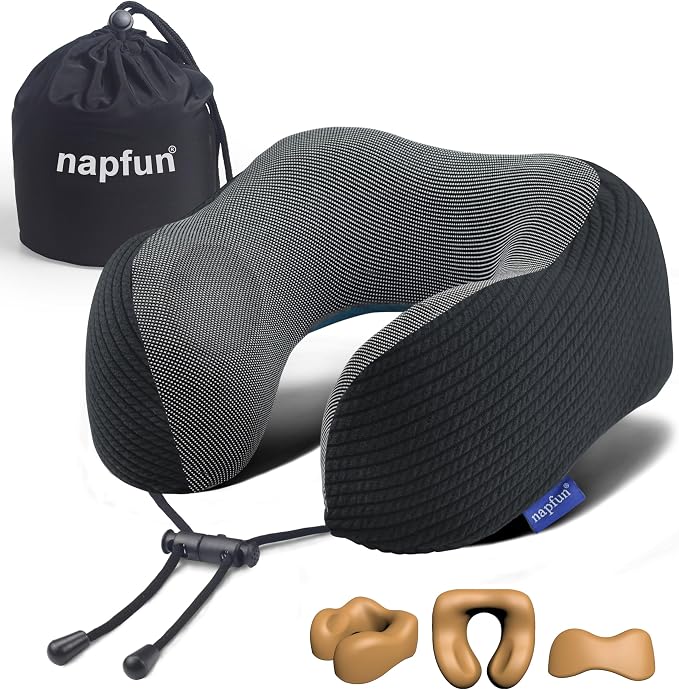 napfun Neck Pillow for Travel, Memory Foam Airplane Pillow, Charcoal Black | 360° Neck Support, Upgraded 100% Memory Foam for Airplane, Car, Train, Bus, Office Sleep, Travel Essentials for Long Flights by NAPFUN