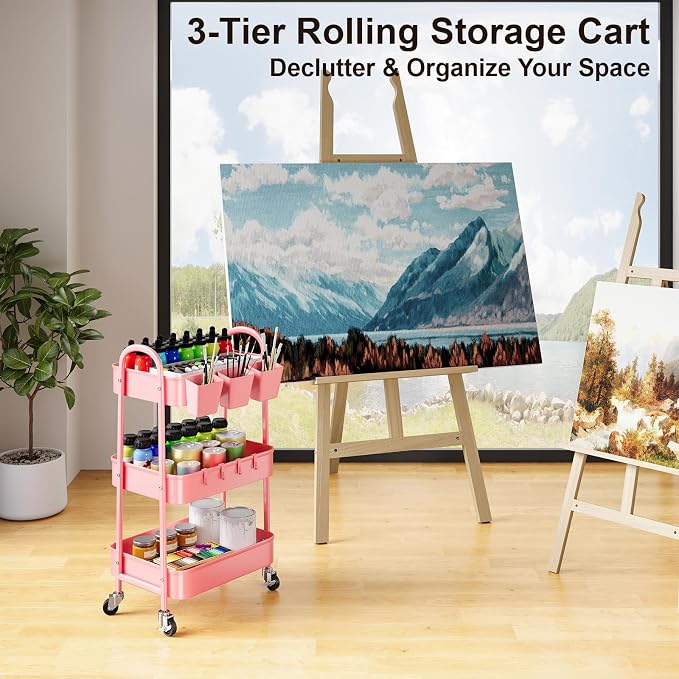 3 Tier Metal Rolling Cart with Lockable Wheels and Handle,Three Tiered Cart | Pink Roller Trolley on Wheels, Utility Storage Organizer for Bathroom, Kitchen, Teachers, Art, Crafts, Baby Diaper,Snack,Nail - Image 6