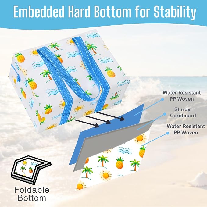 VENO 2 Pack Utility Tote Reusable Grocery Bags with Zipper & Hard Bottom | Heavy Duty Foldable Water-Resistant Shopping Bags for Summer Beach, Pool, Picnic & Travel Carry-on (Tropical Island, 2 Pack) - Image 3