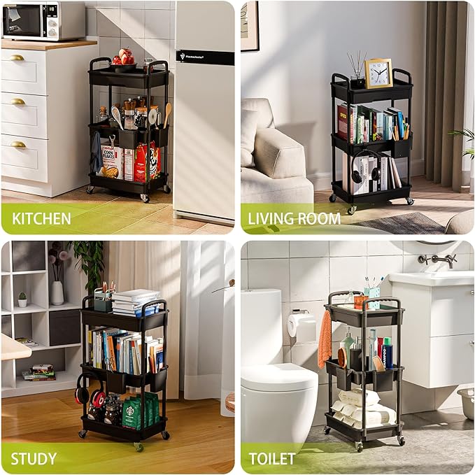 Sorgion 3 Tier Rolling Cart Organizer,Laundry Room Bathroom Organizers and Storage Office Shelves Mobile Shelving Unit Kitchen Trolley Cart with Wheels for Art,Craft,Diaper,Bedside,Snack(Black) - Image 6