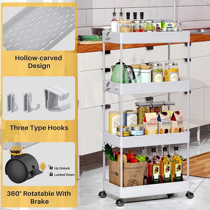 SPACEKEEPER 4 Tier Rolling Cart, Bathroom Cart Organizer with Wheels, Gray | Mobile Storage Cart for Laundry Room Organization,Kitchen,Office,Bathroom, Utility Cart for Snack,Craft,Art,Makeup,Nail,Toys - Image 2