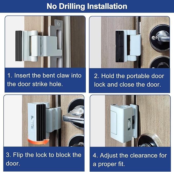Portable Door Lock for Home/Hotel Security, Flip Action Style | All-Metal Construction, Adjustable Design, with Storage Pouch, Extra No Drill Door Lock, White - Image 6
