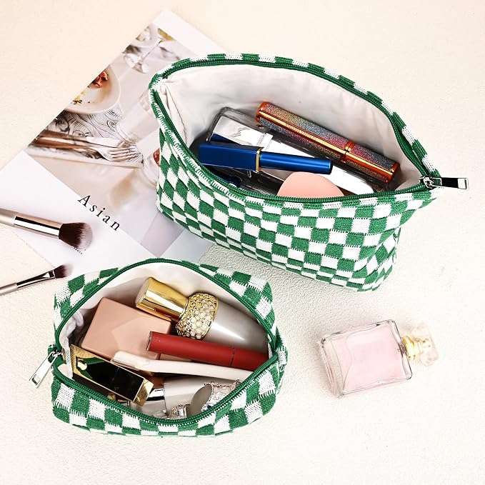 SOIDRAM 2 Pieces Makeup Bag Large Checkered Cosmetic Bag Capacity Canvas Mix Travel Toiletry Bag Organizer Cute Makeup Brushes Aesthetic Accessories Storage Bag for Women, Checkered Mix Green - Image 4