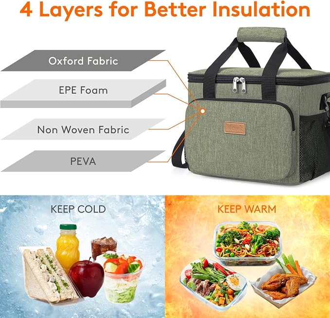 Lifewit Medium Lunch Bag, Insulated Lunch Box, Soft Cooler Cooling Tote for Adult Men Women, Dark Green 12-Can (9L) - Image 2