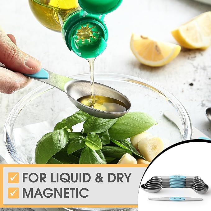 Spring Chef Stainless Steel 8 Magnetic Measuring Spoons, 2 Pack, Aqua Sky | Nesting Metal Teaspoon & Tablespoon Measuring Spoons with Leveler for Dry & Liquid Ingredients, Dual Sided, Dishwasher Safe - Image 5