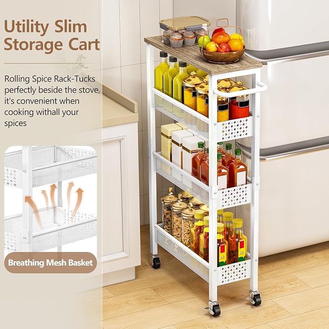 Utility Slim Rolling Storage Cart, 4-Tier Narrow Metal Organizer with Wood Top, 7.1" Width Utility Cart for Kitchen, Bathroom, Laundry Room, Small Spaces, White - Image 2
