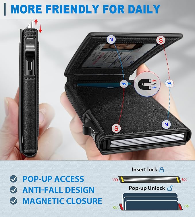 Wallet for Men, Slim Pop Up Card Holder - RFID Blocking Minimalist Bifold Wallet with ID Window, Holds 9-11 Cards & Stretchable Strap, Metal Flip Case with Magnetic Closure, Gift Box - Image 3