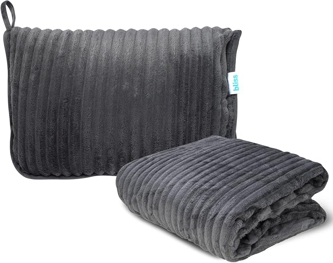 Bliss Faille Travel Pillow & Blanket Set, 2-in-1, Compact | Smooth Textured Fabric Feels Soft Against Skin, Packs Down Small for Flights or Camping, Machine-Washable Cover for Easy Care by Bliss