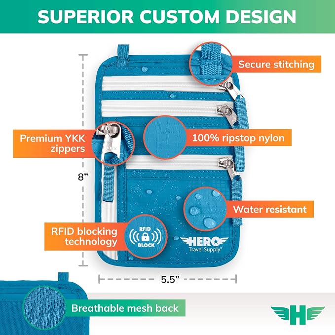 HERO Neck Wallet - RFID Blocking Passport Holder, Easy to Conceal Travel Pouch (Aqua) - Image 2