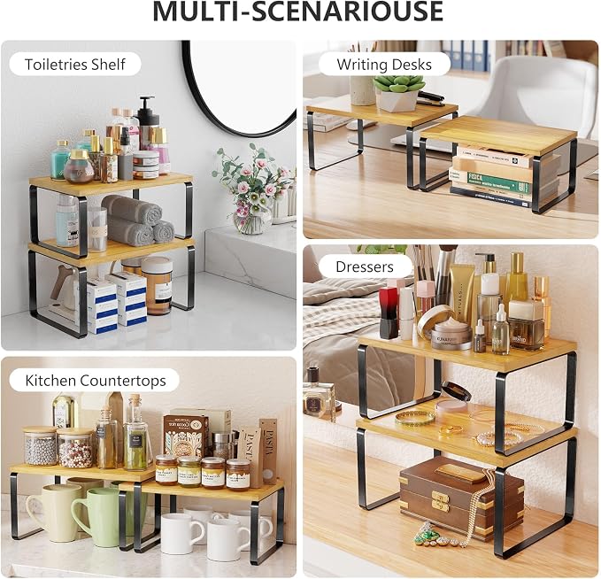 Simple Trending Bamboo Cabinet Organizer Shelf, Set of 2 Kitchen Counter Shelves, Stackable Expandable Spice Rack Kitchen Storage, Black and Natural Beige - Image 9