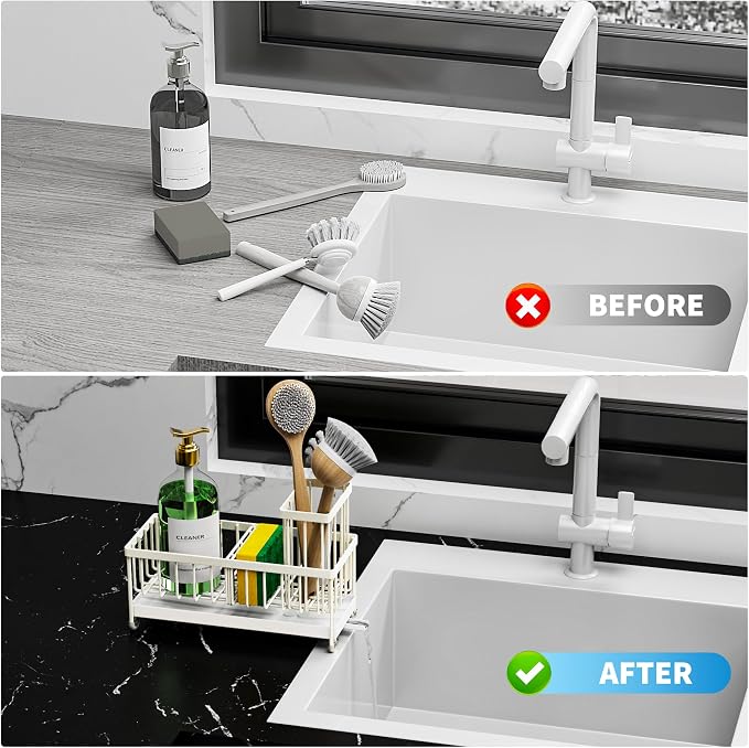 Cisily Sponge Holder for Kitchen Sink, Sink Caddy Organizer with High Brush Holder, Kitchen Countertop Organizers and Storage Essentials, Rustproof 304 Stainless Steel (Cream, 9.25″) - Image 7