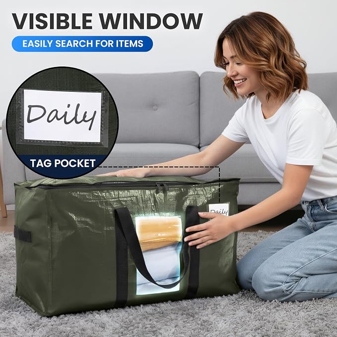 TAILI 10 Pack Green Extra Large Moving Bags,Storage Bag with Visible Window | 93L Heavy Duty Totes For Home Storage,Wrap Around Handles,Alternative to Moving Boxes, College Dorm,Perfect for Moving - Image 5