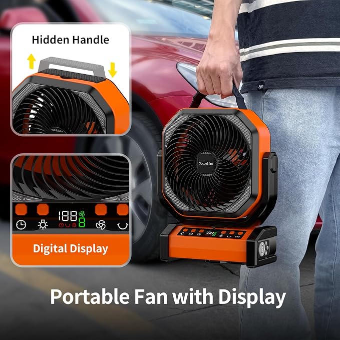 Socool Camping Fan with Light, 20000mAh Rechargeable Battery Fan with Remote, 112Hrs & 8 Speeds, Digital Display, Timer, Auto Oscillation, 270° Pivot & Hook for Outdoor Tent, Hurricane, Power Outage - Image 7
