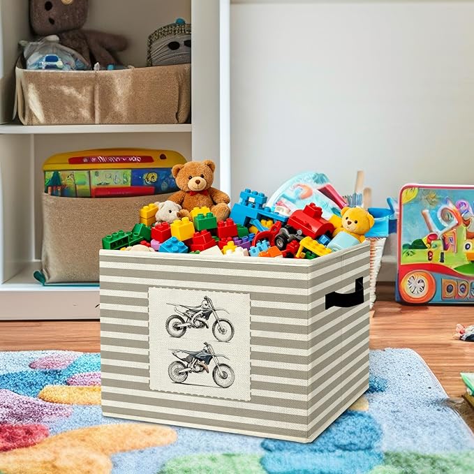 Rustic Dirt Bike Storage Bins Boxes Handles | grey striped nursery foldable basket for organizing bedroom toddler playroom - Image 2