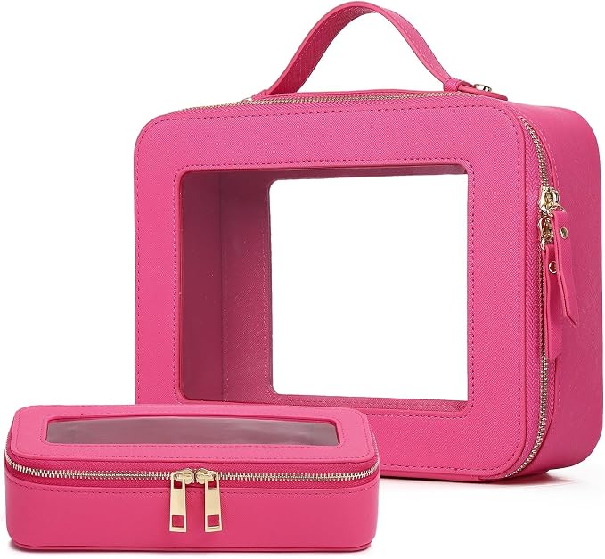 Pinkmik Clear Makeup Bag with Brush Bag, (Fuxia, L+SLIM) | 2pcs, Waterproof, Travel Case for Cosmetics and Toiletries, Women's Cosmetic Organizer, with Zipper by Pinkmik