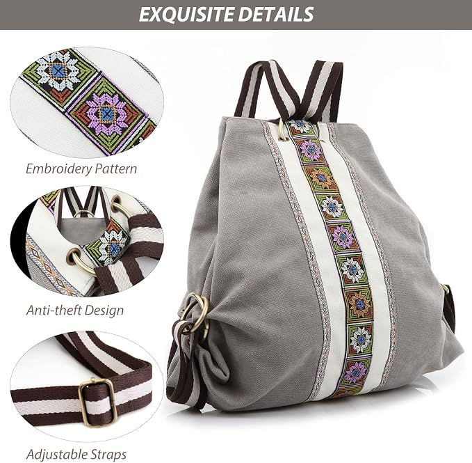 Goodhan Women Canvas Backpack Daypack Casual Shoulder Bag, Vintage Heavy-duty Anti-theft Travel Backpack, Light Grey - Image 3