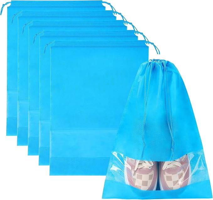 5 Pack Shoe Bags for Travel, Large Travel Shoe Bags for Packing with Clear Window, Non-Woven Dustproof Drawstring Travel Shoe Storage Bag Travel Essentials for Men & Women (5 Pack, Sky Blue) by HYUTOTA