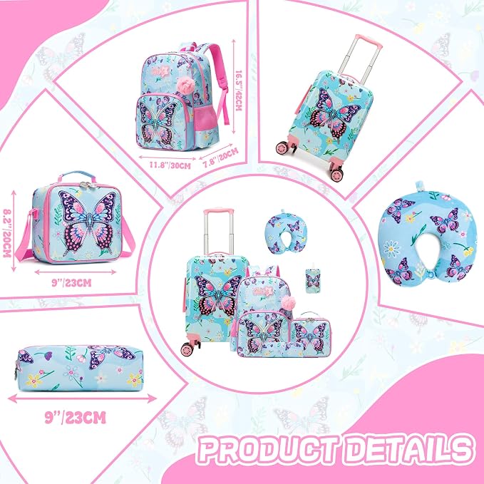 Kid's Luggage Set 5 Piece Suitcase Set 16" Hardside Luggage with Spinner Wheels Blue Butterfly Girls Carry on Toddler Travel Rolling Suitcase with Neck Pillow Airline Approved - Image 3