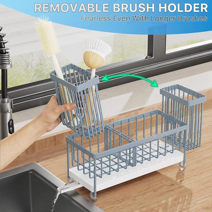 Cisily Sponge Holder for Kitchen Sink, Sink Caddy Organizer with High Brush Holder, Kitchen Countertop Organizers and Storage Essentials, Rustproof 304 Stainless Steel (Gray Blue, 9.25″) - Image 4