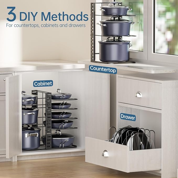 Pots and Pans Organizer Under Cabinet 14.6", 8-Tier Adjustable Rack | 3 DIY Modes, Tool-Free Assembly, Fits 6–11" Lightweight Cookware, For Kitchen Cabinets, Shelves & Countertops Pot Organizer - Image 6