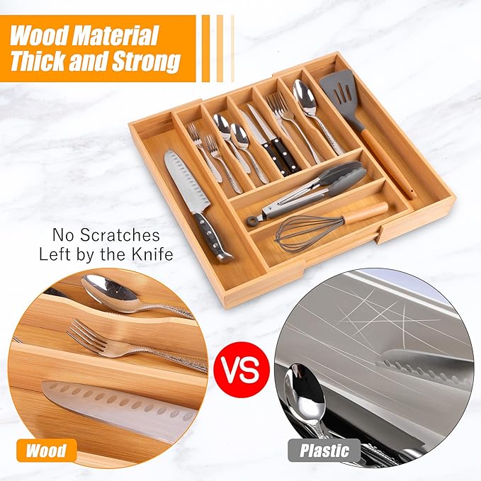 Bellsal Large Premium Bamboo Silverware Organizer - Expandable Utensil Drawer Organizer - 17"x19.6" Utensil Holder and Cutlery Tray with Grooved for Kitchen Flatware and Utensils Mother's Day Gift - Image 5