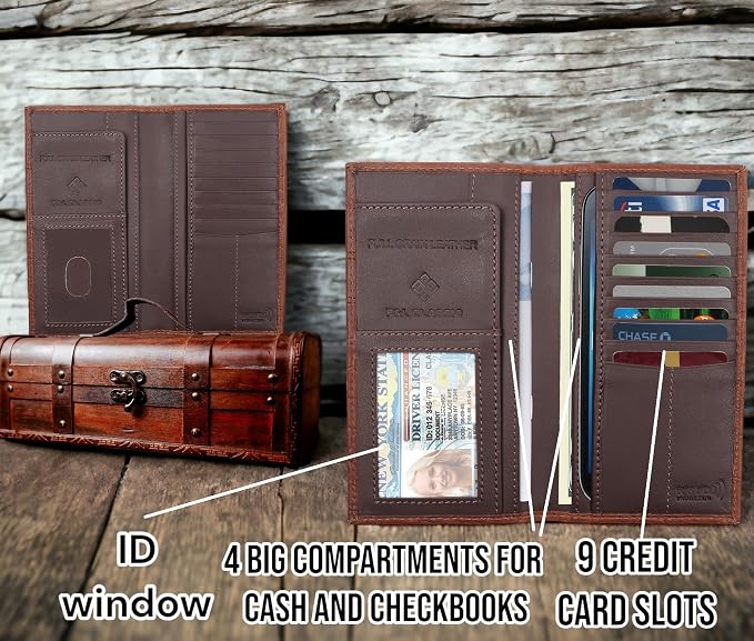 F&L CLASSIC Men's RFID Vintage Look Genuine Leather Long Bifold Wallet Checkbook Wallets,Crocodile style brown,240-70 - Image 3