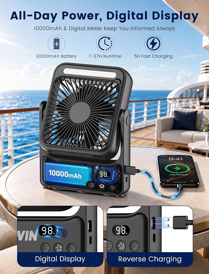 Magnetic Cruise Approved Fan with Night Light, 10000mAh Ultra-Slim Travel Fan, 4-Speed, Hook Design, Portable Fan for Cruise Ship Cabin, Bedroom Sleeping, Camping, Travel & Cruise Essentials 2026 - Image 5