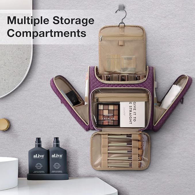 BAGSMART Women's Travel Toiletry Bag, Water-resistant Roomy, Purple | Cosmetic Makeup Bag, Door Room Essentials Travel Organizer for Full Sized Toiletries and Cosmetics - Image 2