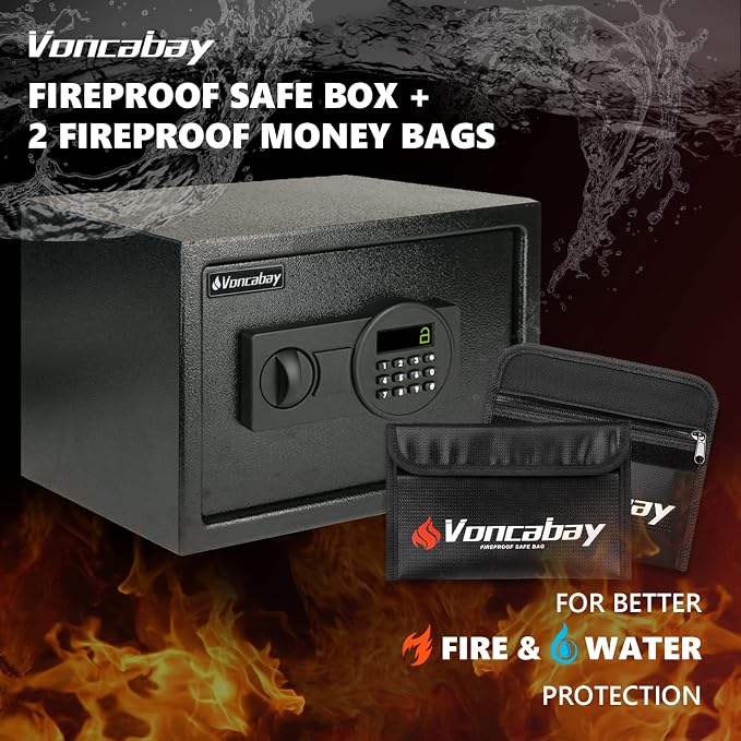 Voncabay Money Safe Box for Home with Digital Keypad, 0.8 Cu. Ft., Black | Alloy Steel, 2 Fireproof Bags, Digital Keypad with Display, Removable Shelf, Fits A4, 13.8 x 9.85 x 9.85 In. - Image 2
