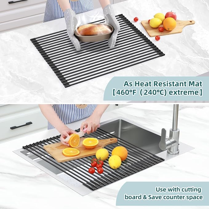 Ohuhu Sink Drying Rack, 20.5" W x 16.1" L Over Sink Roll-Up Dish Drainer - Rolling Foldable Accessories Heat-Resistant Mat Anti-Slip Silicone Coated Multipurpose for Kitchen Counter - Image 3