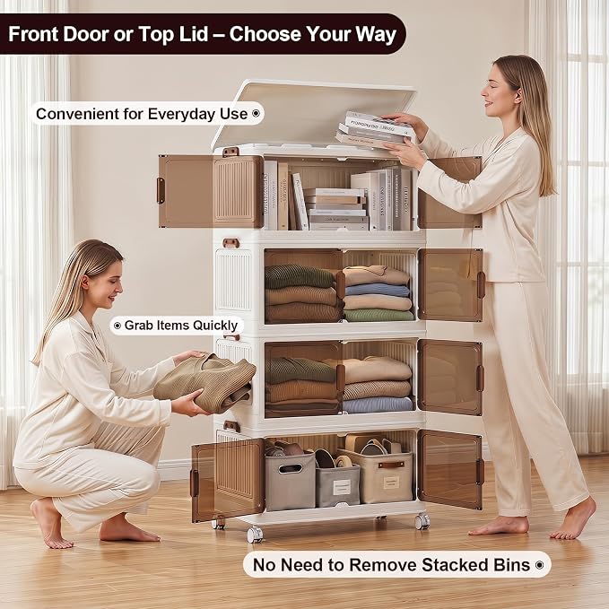 220QT Stackable Storage Bins With Lids, Collapsible Plastic Storage Bins with Wheels and Doors, Foldable Plastic Cabinets for Bedroom Dorm Garage - Image 4