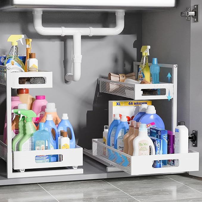 TISTAYA Full Metal Under Sink Organizer, Pull Out Cabinet Organizers and Storage, Silk-Smooth Sliding Drawer for Kitchen, Bathroom, Pantry, Cabinet, Closet (White, 2 Pack) by TISTAYADirect
