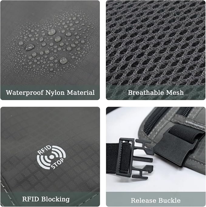 FuninCrea Waterproof Hidden Money Belt for Travel, Anti-Theft Belt Bag with RFID Blocking Function Adjustable Slim Waist Bag with 2 Zipper Pockets & 1 Back Pocket for Travel Running (B, Deep Grey) - Image 4