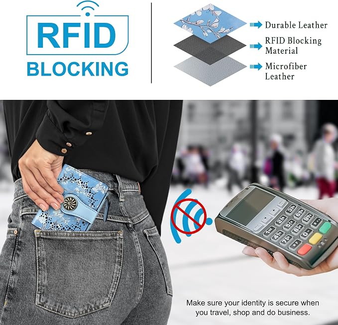 Tipmile Small Wallet Women Bifold RFID Blocking Card Holder Leather Wallets with Zipper Coin Pocket, White & Blue - Image 3
